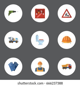 Flat Icons Restroom, Toolkit, Worker And Other Vector Elements. Set Of Construction Flat Icons Symbols Also Includes Mixer, Worker, Work Objects.