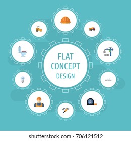 Flat Icons Restroom, Van, Pipeline Valve And Other Vector Elements. Set Of Construction Flat Icons Symbols Also Includes Valve, Toilet, Worker Objects.
