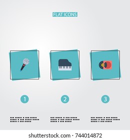 Flat Icons Retro Disc, Octave Keyboard, Karaoke And Other Vector Elements. Set Of Audio Flat Icons Symbols Also Includes Microphone, Piano, Retro Objects.
