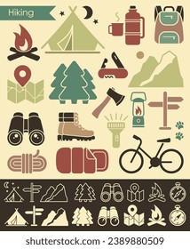 Flat icons in retro style on the theme of hiking and outdoor recreation