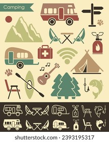 Flat icons in retro style on the theme of camping and outdoor recreation