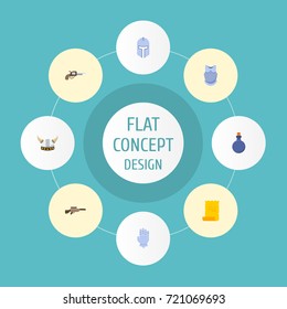 Flat Icons Revolver, Warrior, Viking Helmet And Other Vector Elements. Set Of  Flat Icons Symbols Also Includes Potion, Knight, Revolver Objects.