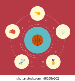 Flat Icons Reward, Golf, Blower And Other Vector Elements. Set Of Activity Flat Icons Symbols Also Includes Medal, Basket, Start Objects.