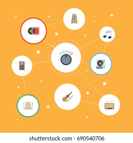 Flat Icons Rhythm Motion, Turntable, Radio And Other Vector Elements. Set Of Melody Flat Icons Symbols Also Includes Violin, Knob, Fiddle Objects.