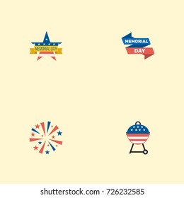 Flat Icons Ribbon, Barbecue, Firecracker And Other Vector Elements. Set Of History Flat Icons Symbols Also Includes Usa, Firecracker, Brazier Objects.