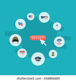 Flat Icons Ribbon, Military Man, Hat And Other Vector Elements. Set Of Memorial Flat Icons Symbols Also Includes Spectacles, Hat, Glasses Objects.