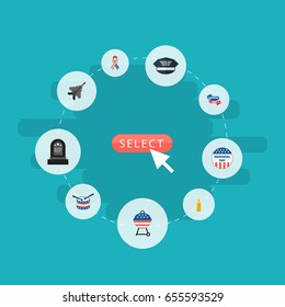 Flat Icons Ribbon, Musical Instrument, Fire Wax And Other Vector Elements. Set Of Memorial Flat Icons Symbols Also Includes Aircraft, Grave, Fighter Objects.