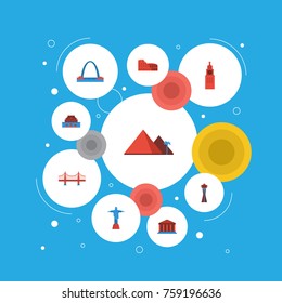 Flat Icons Rio, Bridge, Coliseum And Other Vector Elements. Set Of Monument Flat Icons Symbols Also Includes Beijing, Museum, Christ Objects.