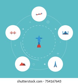 Flat Icons Rio, Great Pyramid, India Mosque And Other Vector Elements. Set Of Monument Flat Icons Symbols Also Includes Gate, Tower, Mahal Objects.