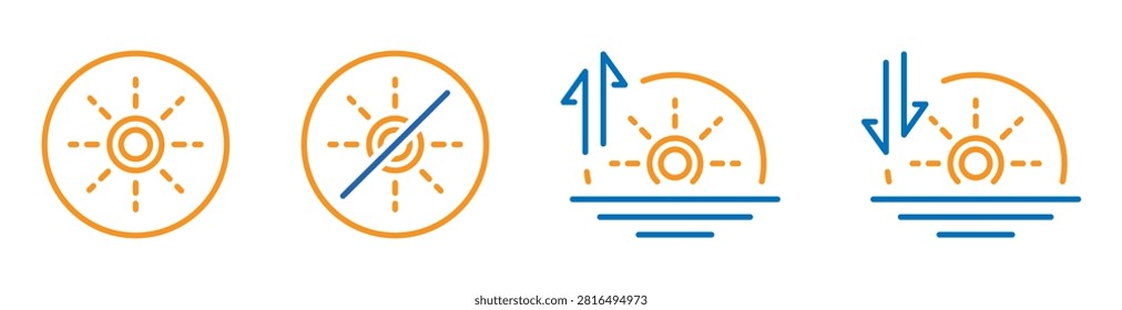 Flat icons of rising and setting sun, absence of sun, time of day icon set, linear graphics on white background