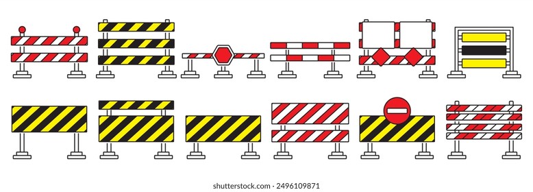 Flat icons of road closure signs, road dividers and road repair safety signs. Road blocks and pedestrian barriers flat colored icons isolated on transparent background flat vector illustration.