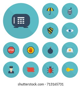 Flat Icons Road Sign, Lock, Parasol And Other Vector Elements. Set Of Procuring Flat Icons Symbols Also Includes Vision, Policeman, Look Objects.
