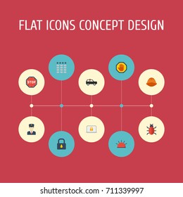 Flat Icons Road Sign, Padlock, Armored Car And Other Vector Elements. Set Of Procuring Flat Icons Symbols Also Includes Sign, Bug, Laptop Objects.