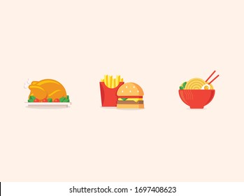 Flat Icons of Roast Chicken, French fries, Hamburgers, and noodles