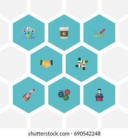 Flat Icons Rocket, Break, Gear And Other Vector Elements. Set Of Startup Flat Icons Symbols Also Includes Process, Rocket, Businessman Objects.
