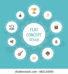 Flat Icons Rocket, Championship, Coin And Other Vector Elements. Set Of Startup Flat Icons Symbols Also Includes Profit, Mind, Company Objects.