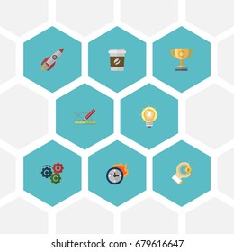 Flat Icons Rocket, Design, Gear And Other Vector Elements. Set Of Idea Flat Icons Symbols Also Includes Break, Light, Coin Objects.
