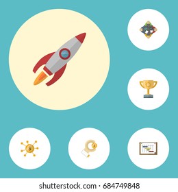 Flat Icons Rocket, Financing, Coin And Other Vector Elements. Set Of Startup Flat Icons Symbols Also Includes Coin, Schedule, Crowdfunding Objects.