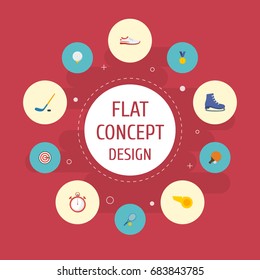 Flat Icons Rocket, Golf, Ice Boot And Other Vector Elements. Set Of Sport Symbols Also Includes Start, Ping Pong, Ice Objects.
