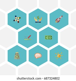 Flat Icons Rocket, Income, Design And Other Vector Elements. Set Of Startup Flat Icons Symbols Also Includes Development, Plant, Mind Objects.