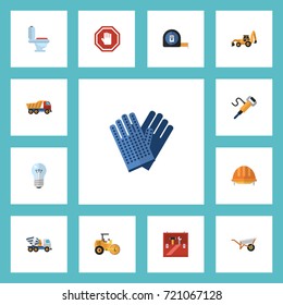 Flat Icons Roll Meter, Bulb, Excavator And Other Vector Elements. Set Of Construction Flat Icons Symbols Also Includes Equipment, Hand, Tape Objects.
