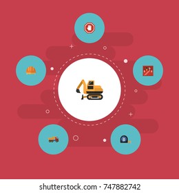 Flat Icons Roll Meter, Hardhat, Van And Other Vector Elements. Set Of Construction Flat Icons Symbols Also Includes Repair, Tractor, Hardhat Objects.
