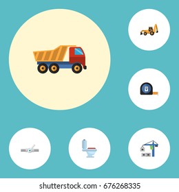 Flat Icons Roll Meter, Restroom, Excavator And Other Vector Elements. Set Of Industry Flat Icons Symbols Also Includes Crane, Tractor, Restroom Objects.