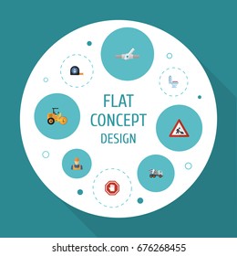 Flat Icons Roll Meter, Restroom, Caution And Other Vector Elements. Set Of Industry Flat Icons Symbols Also Includes Worker, Steamroller, Roller Objects.
