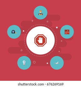 Flat Icons Roll Meter, Stop Sign, Worker And Other Vector Elements. Set Of Industry Flat Icons Symbols Also Includes Builder, Sign, Stop Objects.