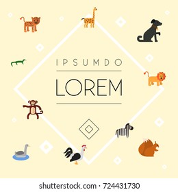Flat Icons Rooster, Chimpanzee, Reptile And Other Vector Elements. Set Of Animal Flat Icons Symbols Also Includes Mammal, Goose, Puma Objects.