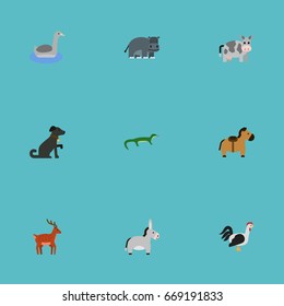Flat Icons Rooster, Kine, Moose And Other Vector Elements. Set Of Zoology Flat Icons Symbols Also Includes Reptile, Behemoth, Animal Objects.