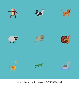 Flat Icons Rooster, Mutton, Camelopard And Other Vector Elements. Set Of Zoo Flat Icons Symbols Also Includes Cock, Gecko, Reptilian Objects.