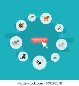Flat Icons Rooster, Panther, Moose And Other Vector Elements. Set Of Zoology Flat Icons Symbols Also Includes Puma, Panther, Cow Objects.