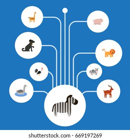 Flat Icons Rooster, Wildcat, Moose And Other Vector Elements. Set Of Alive Flat Icons Symbols Also Includes Swine, Mammal, Gazelle Objects.