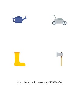 Flat Icons Rubber Boots, Lawn Mower, Axe And Other Vector Elements. Set Of Agriculture Flat Icons Symbols Also Includes Gumboots, Watering, Grass Objects.