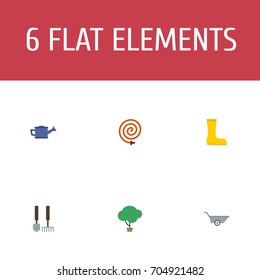Flat Icons Rubber Boots, Tools, Green Wood And Other Vector Elements. Set Of Horticulture Flat Icons Symbols Also Includes Instruments, Can, Hosepipe Objects.