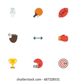 Flat Icons Rugby, American Football, Kettlebells And Other Vector Elements. Set Of Sport Flat Icons Symbols Also Includes Darts, Tennis, Karate Objects.