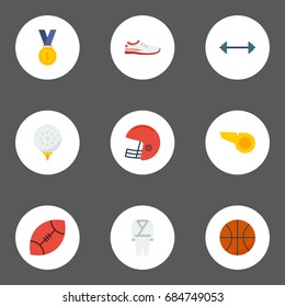 Flat Icons Rugby, Reward, Uniform And Other Vector Elements. Set Of Activity Flat Icons Symbols Also Includes Sneakers, Rugby, Uniform Objects.