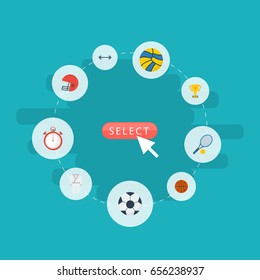 Flat Icons Rugby, Uniform, Kettlebells And Other Vector Elements. Set Of Activity Flat Icons Symbols Also Includes Tennis, Rocket, Karate Objects.
