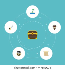 Flat Icons Sabre, Chest, Palm And Other Vector Elements. Set Of Piracy Flat Icons Symbols Also Includes Pirate, Map, Treasure Objects.