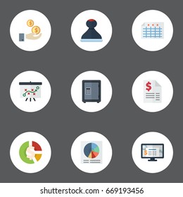 Flat Icons Safe, Accounting System, Duty And Other Vector Elements. Set Of Recording Flat Icons Symbols Also Includes Pie, Profit, File Objects.