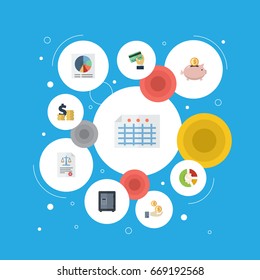 Flat Icons Safe, Moneybox, Coins Pile And Other Vector Elements. Set Of Registration Flat Icons Symbols Also Includes Pie, Outgoings, Moneybox Objects.