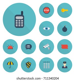 Flat Icons Safe, Vision, Parasol And Other Vector Elements. Set Of Procuring Flat Icons Symbols Also Includes Bomb, Vision, Vault Objects.