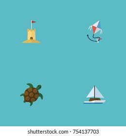 Flat Icons Sailboard, Castle, Fly And Other Vector Elements