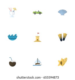 Flat Icons Sailboard, Sea, Swimming And Other Vector Elements. Set Of Season Flat Icons Symbols Also Includes Yacht, Car, Sail Objects.