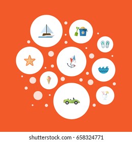Flat Icons Sailboard, Sorbet, Sea And Other Vector Elements. Set Of Summer Flat Icons Symbols Also Includes Sea, Pain, Flip Objects.