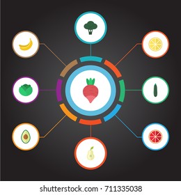 Flat Icons Salad, Cabbage, Jungle Fruit And Other Vector Elements. Set Of Dessert Flat Icons Symbols Also Includes Cucumber, Pear, Turnip Objects.
