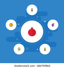 Flat Icons Salad, Cluster, Garnet And Other Vector Elements. Set Of Fruit Flat Icons Symbols Also Includes Pomegranate, Ananas, Cluster Objects.
