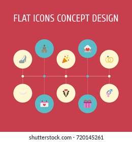 Flat Icons Sandal, Bridegroom Dress, Card Vector Elements. Set Of Wedding Flat Icons Symbols Also Includes Pearl, Church, Surprise Objects.