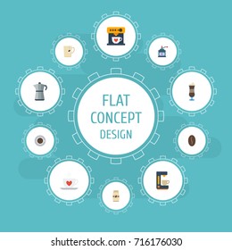 Flat Icons Saucer, Arabica Bean, Mocha And Other Vector Elements. Set Of Coffee Flat Icons Symbols Also Includes Coffee, Cup, Percolator Objects.